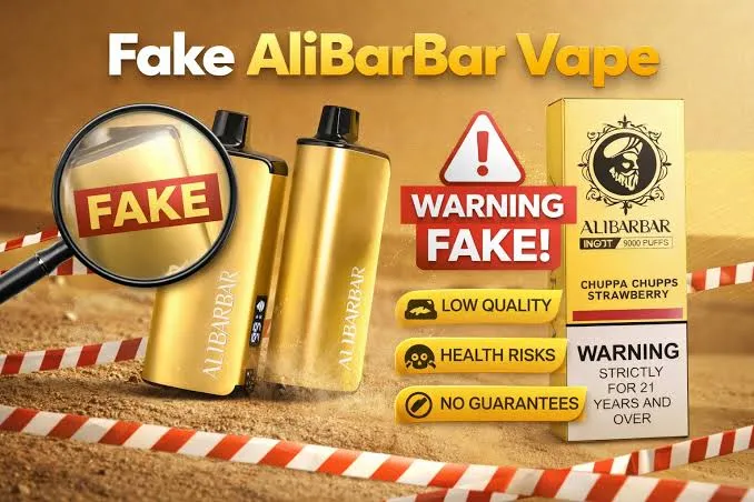 where to buy alibarbar vapes perth counterfeit detection guide showing authentic versus fake Alibarbar Ingot 9000 packaging device