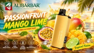 Professional product photography of alibarbar passionfruit mango lime disposable vape showing tropical fruit design elements
