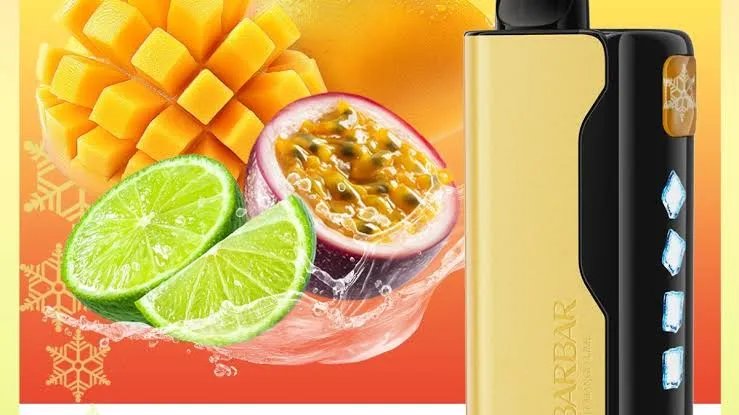 Internal component disassembly of alibarbar passionfruit mango lime revealing dual mesh coil architecture and 2350mAh battery