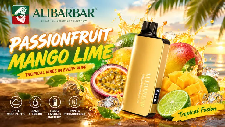 Professional product photography of alibarbar passionfruit mango lime disposable vape showing tropical fruit design elements