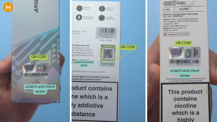 Anti-counterfeit verification protocol showing scratch panel security code QR authentication and domain integrity inspection where to buy vape Brisbane genuine hardware