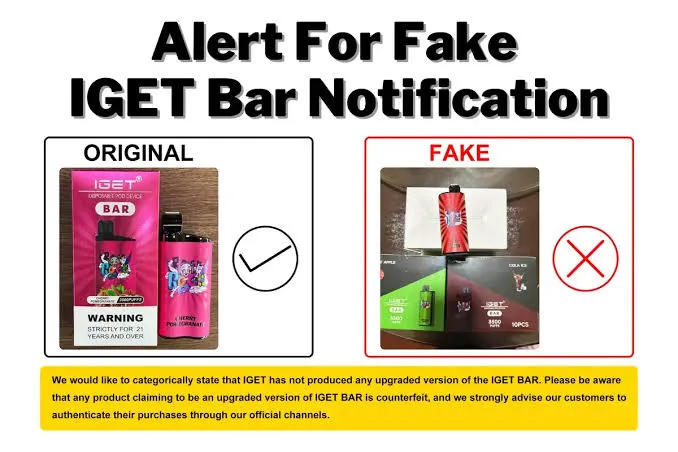 Comprehensive authentication verification checklist showing kiwi pineapple iget bar pro genuine identification methods counterfeit detection