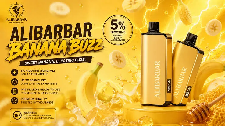 banana buzz alibarbar authentic device showing golden ingot design with 9000 puff capacity and natural banana honey flavor profile