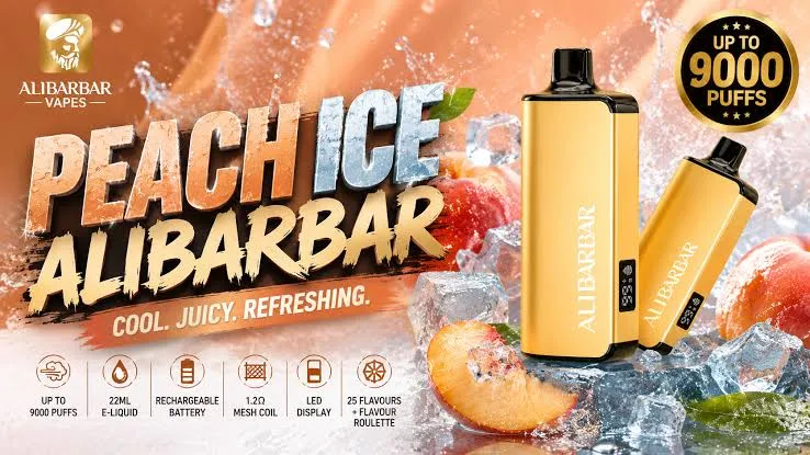 peach ice alibarbar review showing unboxing 9000 puffs gold ingot design with icy peach flavor testing results