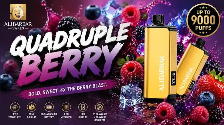 quadruple berry alibarbar review showing unboxing 9000 puffs gold ingot design with mixed berry flavor testing results