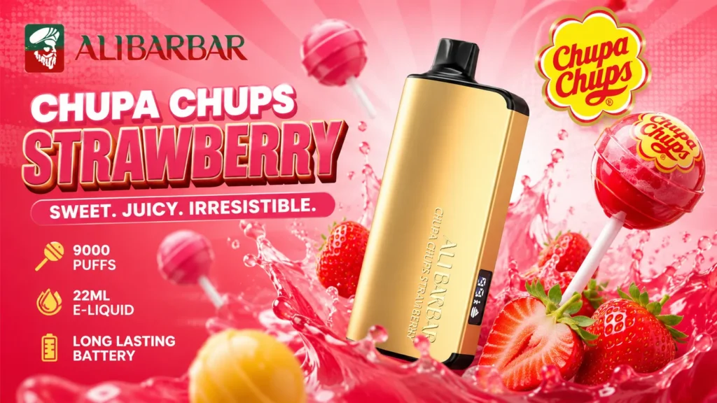 alibarbar strawberry chupa chups FAQ infographic showing quick answers to top 10 questions about battery flavor authenticity and legality