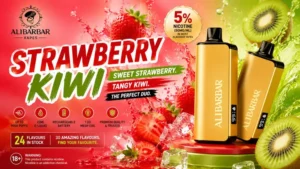 strawberry kiwi alibarbar showing authentic Ingot 9000 device with natural fruit flavor profile and 9000 puff capacity specifications