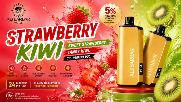strawberry kiwi alibarbar showing authentic Ingot 9000 device with natural fruit flavor profile and 9000 puff capacity specifications